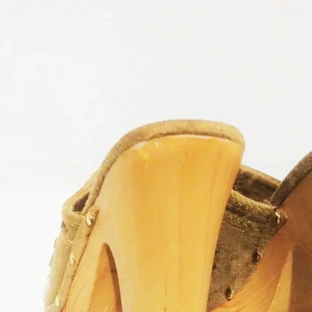 Gold Beaded Wooden Platform Clogs Mules Women's Size 7.5 Heels - Picture 4 of 7